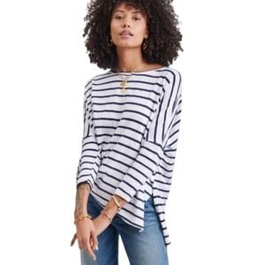 Mer Sea Womens Slub Cotton Striped Boxy Boatneck Top Blue White Oversized One sz